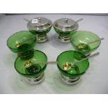 A set of six contemporary silver and green glass condiments, and matching silver gilt spoons, by