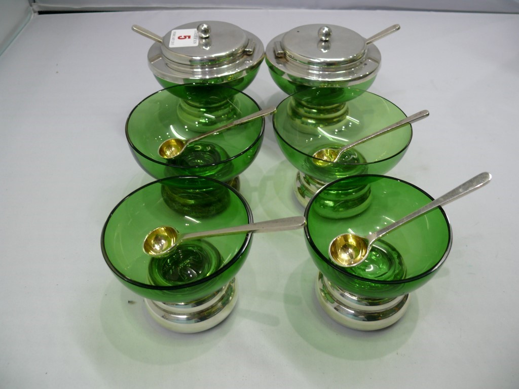 A set of six contemporary silver and green glass condiments, and matching silver gilt spoons, by - Image 8 of 12