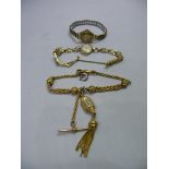 A fancy PLATED metal Albert chain; together with a 9ct gold cased ladies wristwatch and another