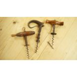 Three 19th century direct pull corkscrew