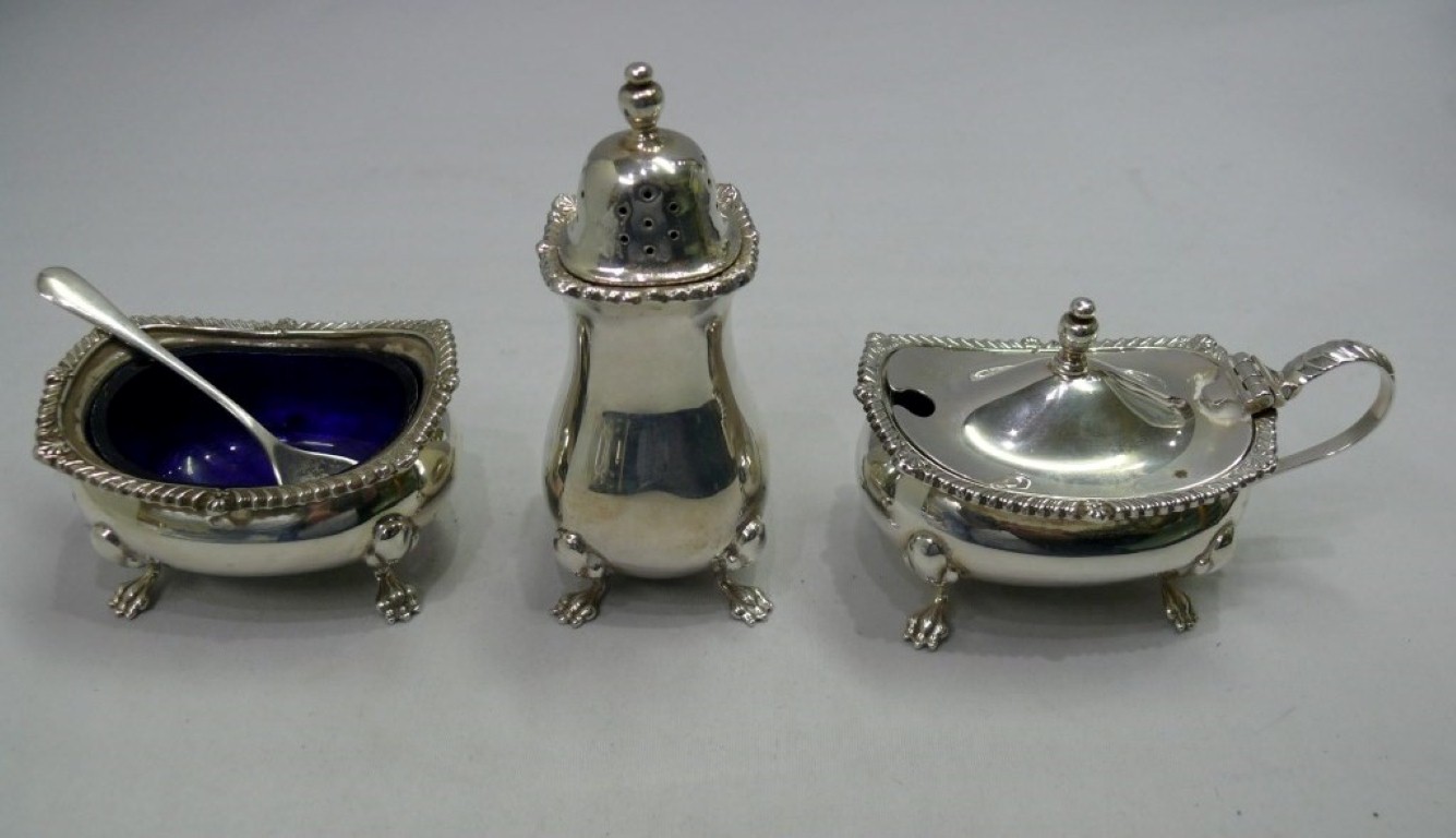 A silver three piece condiment set, by B