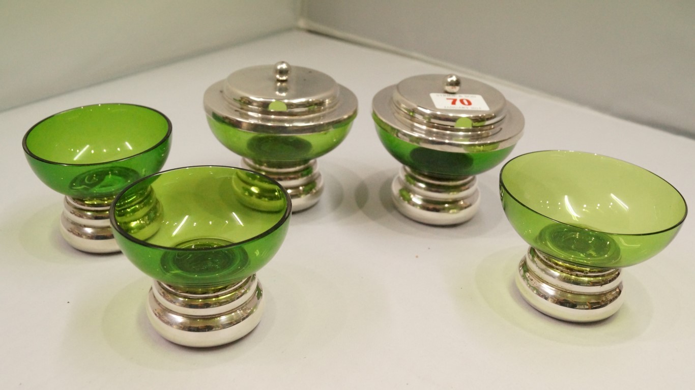 A set of six contemporary silver and green glass condiments, and matching silver gilt spoons, by - Image 7 of 12