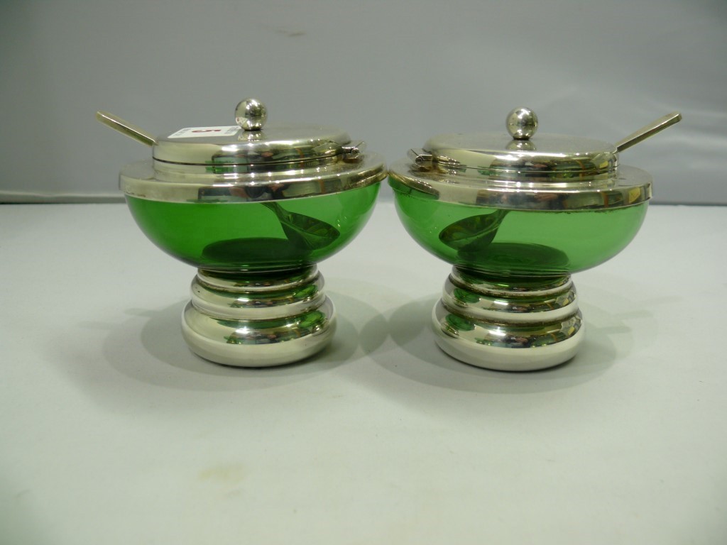 A set of six contemporary silver and green glass condiments, and matching silver gilt spoons, by - Image 9 of 12