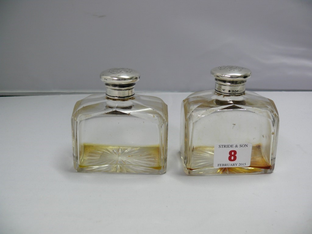 A pair of silver mounted glass scent bot