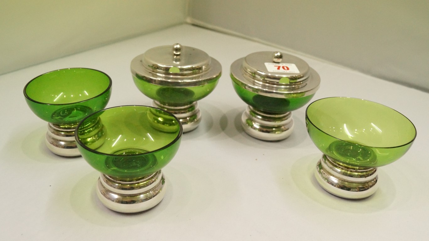 A set of six contemporary silver and green glass condiments, and matching silver gilt spoons, by - Image 5 of 12