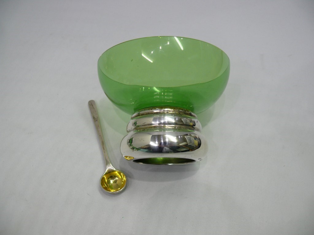 A set of six contemporary silver and green glass condiments, and matching silver gilt spoons, by - Image 12 of 12