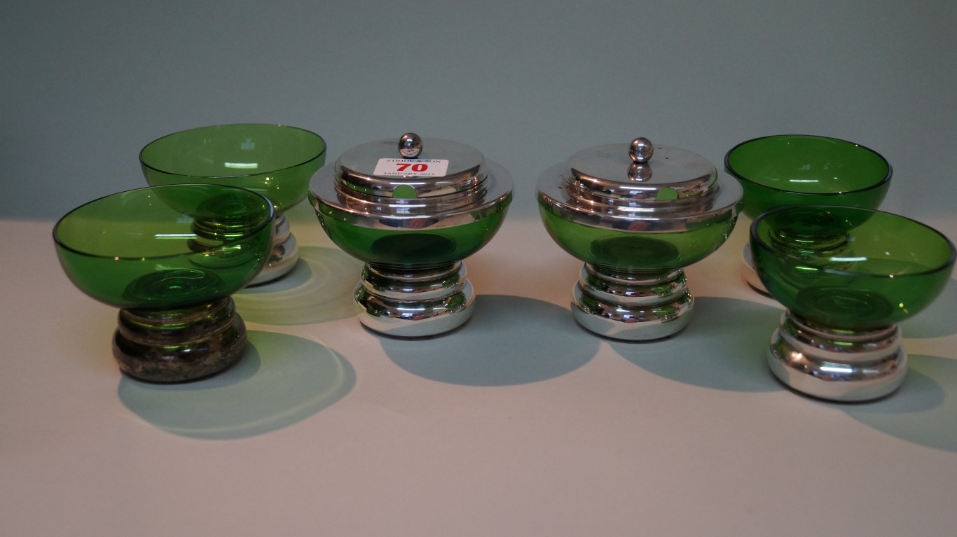 A set of six contemporary silver and green glass condiments, and matching silver gilt spoons, by - Image 3 of 12