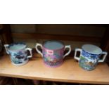 Three English 19th century pottery loving cups. Condition Report: all three are undamaged and ring