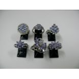 Six various 925 silver and tanzanite rin