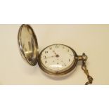 A George III silver hunter pocket watch, having 4.5cm white enamel dial decorated Arabic numerals