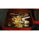 A rosewood box containing a silver salt and a quantity of plated cutlery.