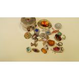 Various coloured glass set brooches; together with a lidded box set polished stones.