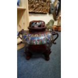 A Chinese bronze and cloisonne enamel large twin handled tripod censer and cover, seal mark to base,