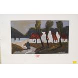 R Dunleavey (Irish), figures and cottages by a beach, signed, oil on board, 21.