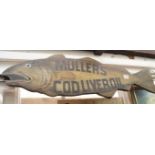 A painted pine 'Muller's Cod Liver Oil' sign, of fish form, 82.5cm long.