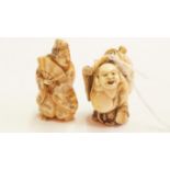 Two Japanese carved ivory okimonos, 19th century, the first depicting Hotei,