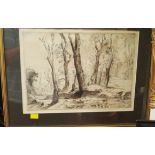 Atrributed to S J Lamorna Birch, a river through a wood, unsigned, etching, pl.25.5 x 5.