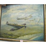 John V Nash, spitfires in flight, signed, inscribed verso, oil on canvas, 45 x 55cm.