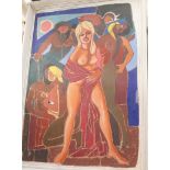 European School, topless lady, indistinctly signed, oil on board, 76.5 x 53cm.