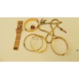 Two 9ct gold bangles [metal core]; together with seven other items items of metal jewellery.