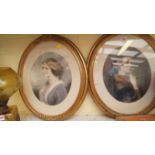 A pair of 19th century coloured stipple engravings of ladies, 28.5 x 24cm oval.