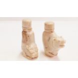 Two similar Chinese carved agate snuff bottles and stoppers,
