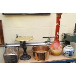An old brass preserving pan; together with another brass and metal tazza,