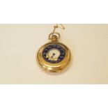 A continental 18k gold half hunter pocket watch, having blue and white enamel decoration to front,