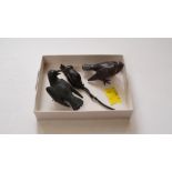 Two similar cold painted metal birds, 3.5cm high; together with a similar mouse, 12cm long.