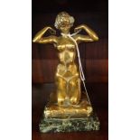 Paul Ponsard, a kneeling female nude, signed on cushion, polished bronze, on a green marble base,