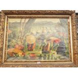 Continental School, women harvesting in a field with bamboo, indistinctly initialled, oil on canvas,