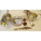 A pair of silver plated sauce boats; together with a silver plated waiter and sundry.