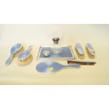 A silver and blue guilloche enamel dressing table set, by Charles Henry Dumenil, London 1920-1922,