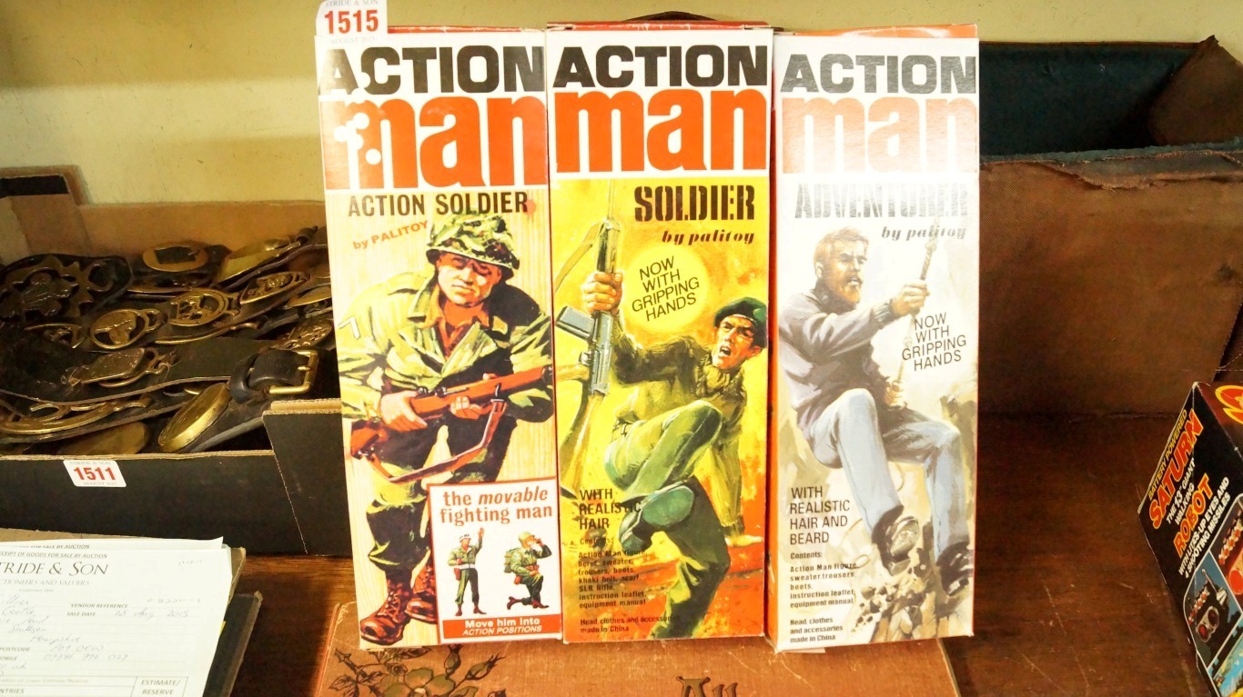 Three 1970s Action Man figures, each boxed.  Condition Report: These boxes do not contain the