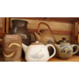 Studio Pottery: a collection of jugs and pots, (two shelves).