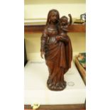 An old carved oak figure of virgin and child, 40cm high.