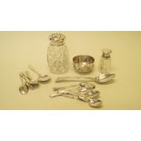 A cut glass and silver mounted sugar caster; together with a set of six silver coffee spoons;
