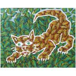 JOSE LUIS PASCUAL (1947) óleo sobre lienzo. Med.: 73 x 92 cm. "Gato salvaje". 1988 Precio Salida/