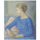 MANUEL HUMBERT (1890-1975) óleo sobre rlienzo. Med.: 65 x 54 cm. "Jersey azul" Precio Salida/