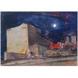 GLORIA MUÑOZ (1949) óleo sobre tablex. med.: 33 x 47 cm. "Lluna y façana". Firmado y titulado al