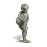 Garden Sculpture: A bronze figure of a boy bagpipe player  circa 1900 variegated green patination