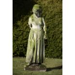 Garden Sculpture: A similar carved Portland stone figure of a girl in Elizabethan dress holding a