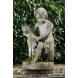 Garden Sculpture: A carved white marble group of a boy and a kid  circa 1860 indistinctly signed