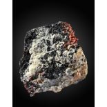 Minerals: A red Vanidianite, black Barite and Calcite specimen  Morocco 30cm.; 11¾ins high