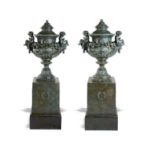 Garden Urn: A pair of Val d'Osne foundry cast iron lidded urns on associated pedestals  French, late