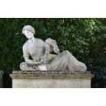 Garden Sculpture: A carved Portland stone figure of a classical maiden holding a floral festoon