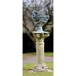 A carved stone and bronze armillary sundial    early 20th century  with associated base and later