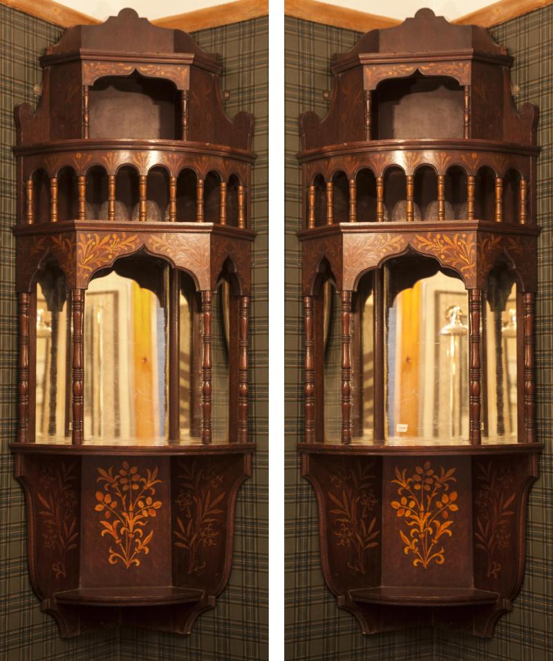 A pair of Indian Colonial style Corner Cabinets  circa 1900 with inlaid floral marquetry and