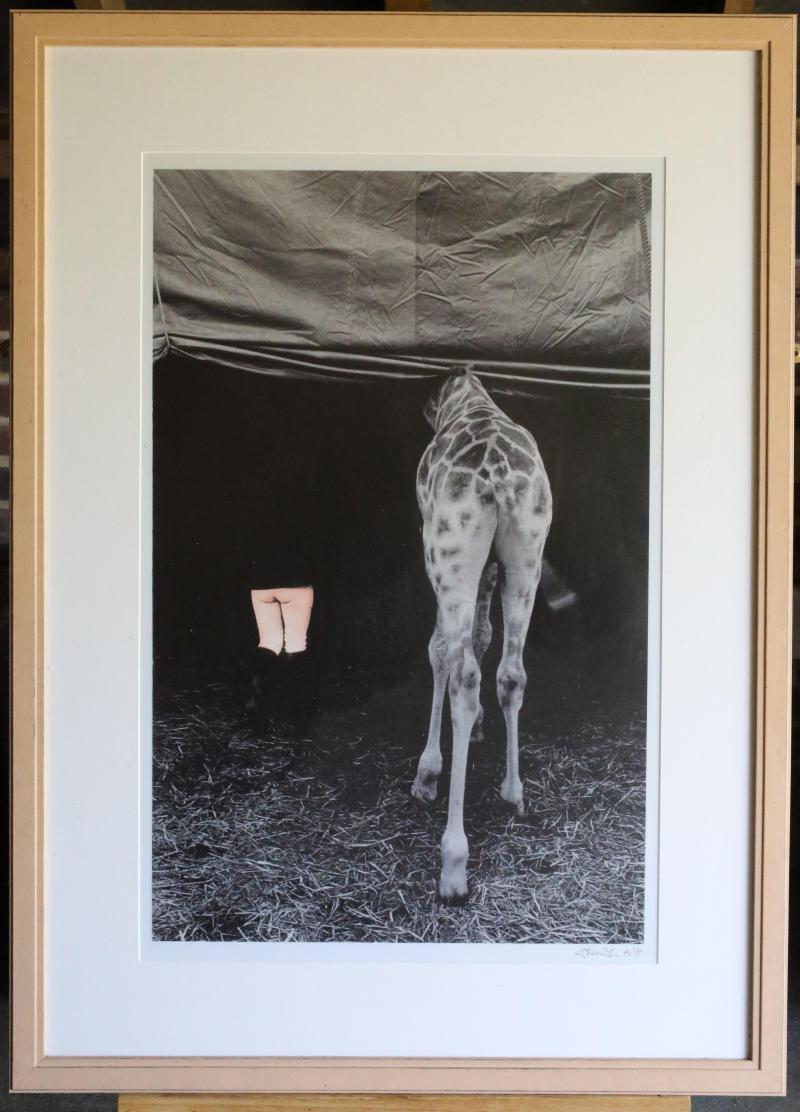 *†Eddie Powell (b.1950)  Man and Beast II Giraffe and Keeper 76.5cm.; 30ins by 100.5cm.; 39½ins,