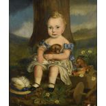 English Provincial School, circa 1840  'Puppy Love'Signed F Pitcher Oil on canvas 74cm.; 29¼ins by